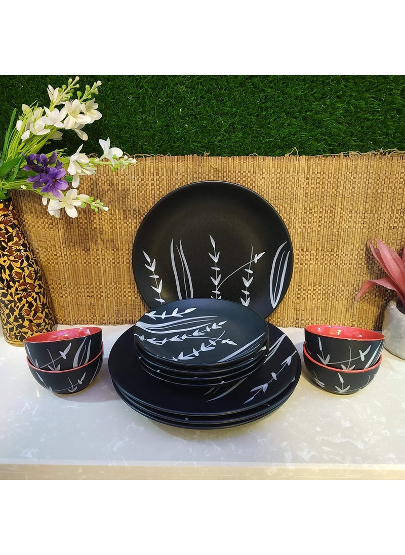 Caffeine Caffeine Ceramic Handmade Black Bamboo Combo Dinner Set 12 pcs.  - Image 1