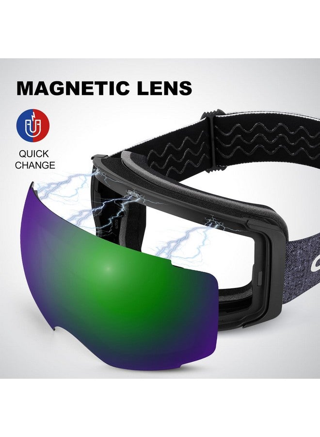 Odoland Magnetic Interchangeable Ski Goggles With 2 Lens Large Spherical Frameless Snow Snowboard Goggles For Men Women Black Frame Green Lens Vlt 13% - Image 4
