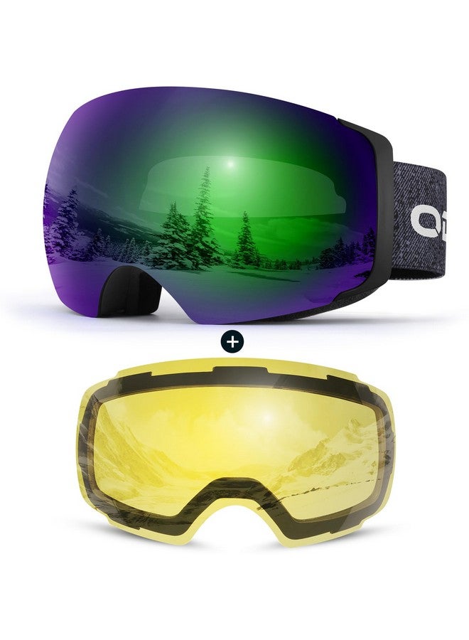 Odoland Magnetic Interchangeable Ski Goggles With 2 Lens Large Spherical Frameless Snow Snowboard Goggles For Men Women Black Frame Green Lens Vlt 13% - Image 2