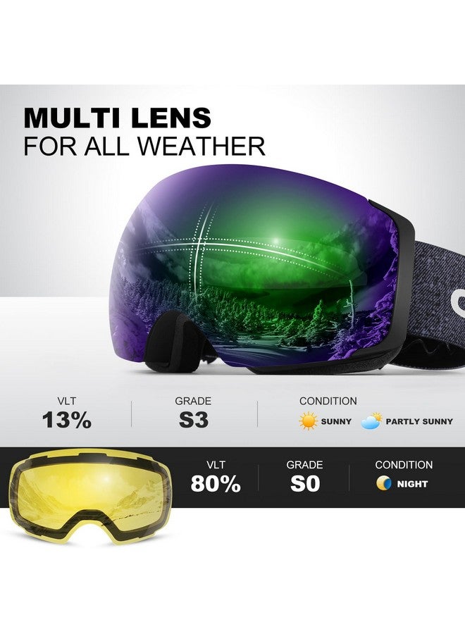 Odoland Magnetic Interchangeable Ski Goggles With 2 Lens Large Spherical Frameless Snow Snowboard Goggles For Men Women Black Frame Green Lens Vlt 13% - Image 3