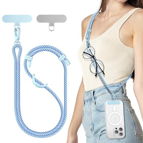 SURPHY Phone Lanyard Adjustable Phone Strap Crossbody with 2 Pack Phone Tether Tab Premium Metal Buckles and TwoColor Braided Cell Phone Lanyard Crossbody for Women and Men Deep Light Blue - Image 1