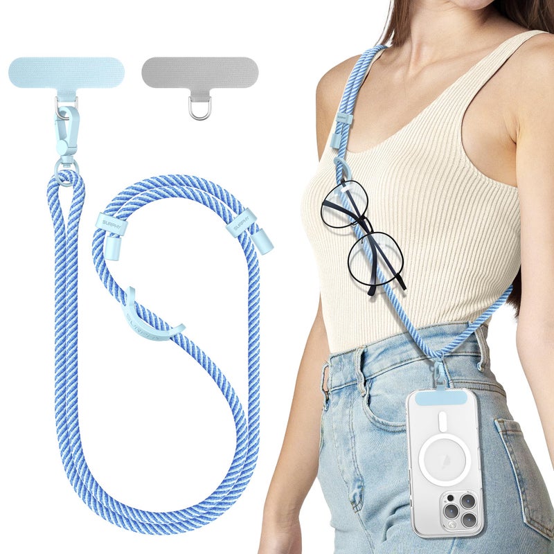 SURPHY Phone Lanyard Adjustable Phone Strap Crossbody with 2 Pack Phone Tether Tab Premium Metal Buckles and TwoColor Braided Cell Phone Lanyard Crossbody for Women and Men Deep Light Blue - Image 2