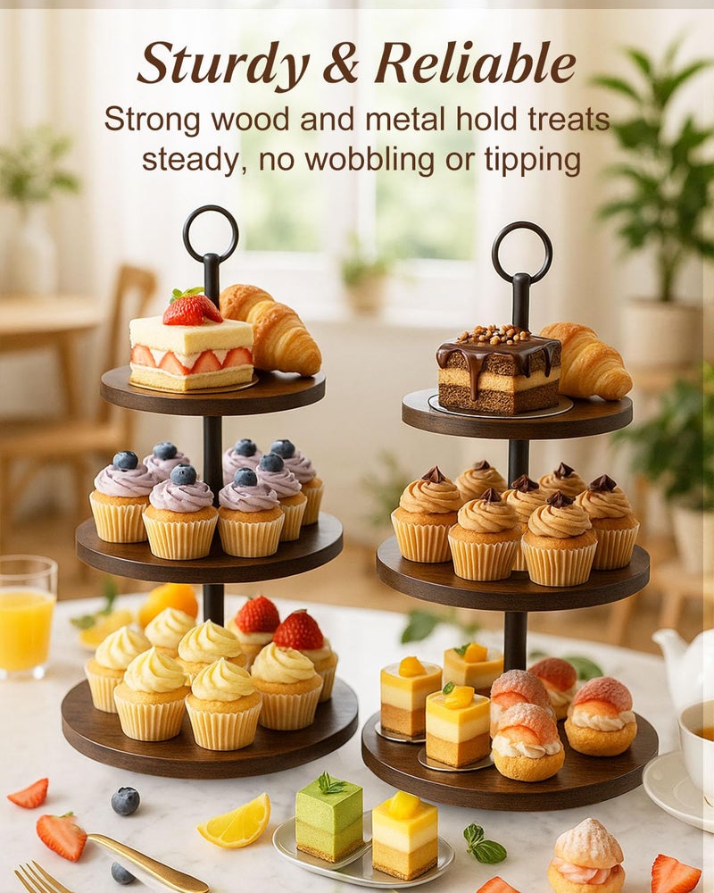 Alffun 3-Tier Wooden Cupcake Stand, Rustic Cake Stand with Tiered Trays, Round Dessert Table Display Stands,Cupcake Tower Serving Trays for Wedding Birthday Baby Shower Party - Image 2