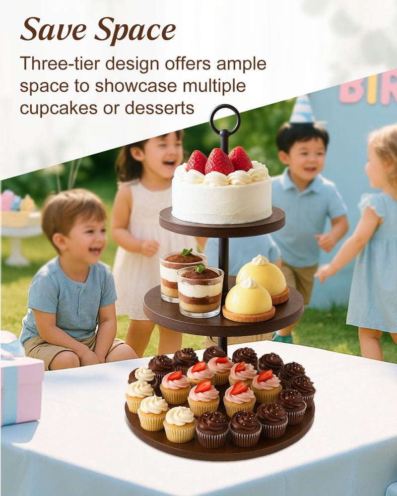 Alffun 3-Tier Wooden Cupcake Stand, Rustic Cake Stand with Tiered Trays, Round Dessert Table Display Stands,Cupcake Tower Serving Trays for Wedding Birthday Baby Shower Party - Image 5