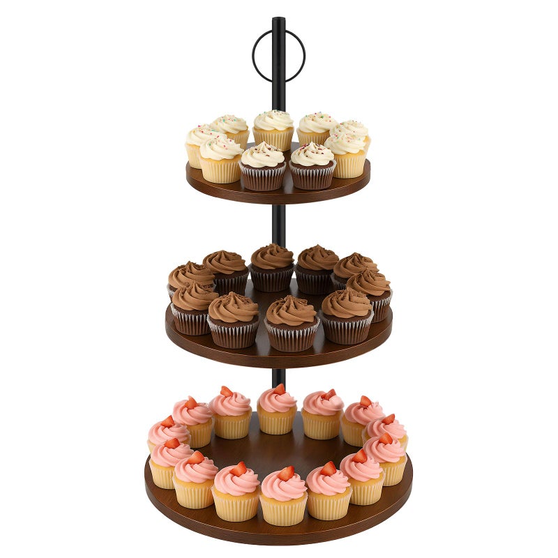 Alffun 3-Tier Wooden Cupcake Stand, Rustic Cake Stand with Tiered Trays, Round Dessert Table Display Stands,Cupcake Tower Serving Trays for Wedding Birthday Baby Shower Party - Image 1