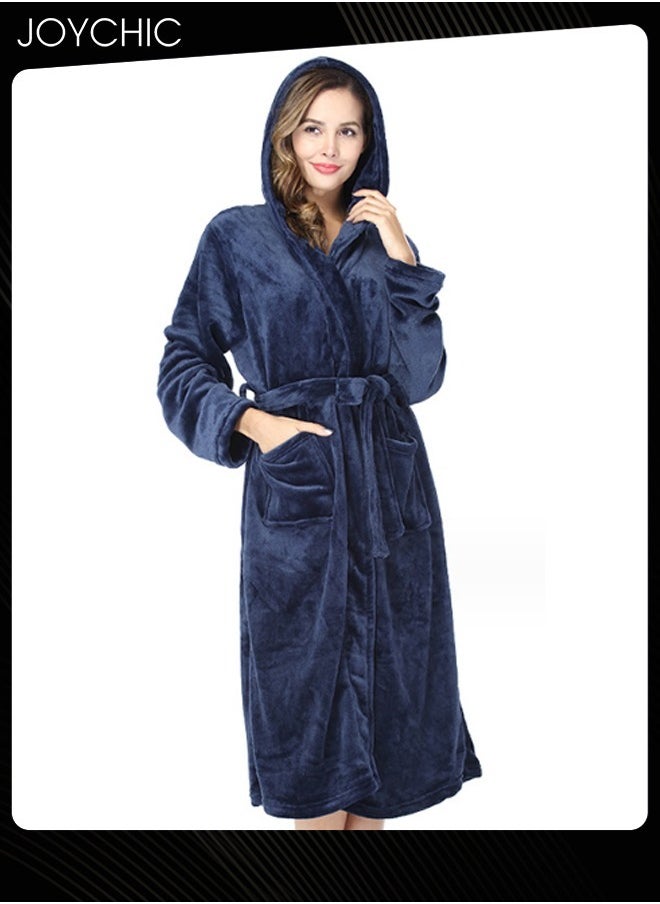 Joychic Solid Pattern Women Loose Hooded Nightgown Autumn and Winter Flannel Skin-friendly Warm Long-sleeved Extra Long Pajamas Sleep Robe with Adjustable Belt Navy Blue  - Image 1