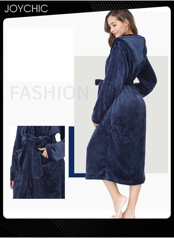 Joychic Solid Pattern Women Loose Hooded Nightgown Autumn and Winter Flannel Skin-friendly Warm Long-sleeved Extra Long Pajamas Sleep Robe with Adjustable Belt Navy Blue  - Image 2