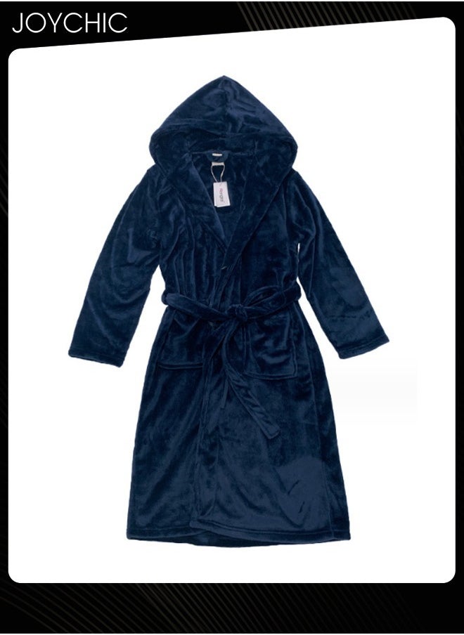 Joychic Solid Pattern Women Loose Hooded Nightgown Autumn and Winter Flannel Skin-friendly Warm Long-sleeved Extra Long Pajamas Sleep Robe with Adjustable Belt Navy Blue  - Image 3