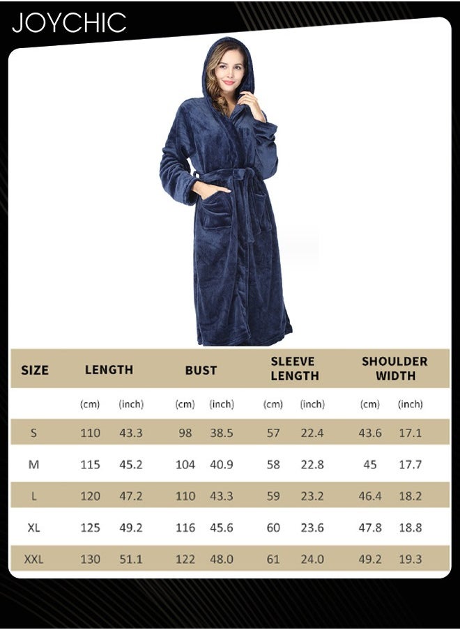 Joychic Solid Pattern Women Loose Hooded Nightgown Autumn and Winter Flannel Skin-friendly Warm Long-sleeved Extra Long Pajamas Sleep Robe with Adjustable Belt Navy Blue  - Image 4