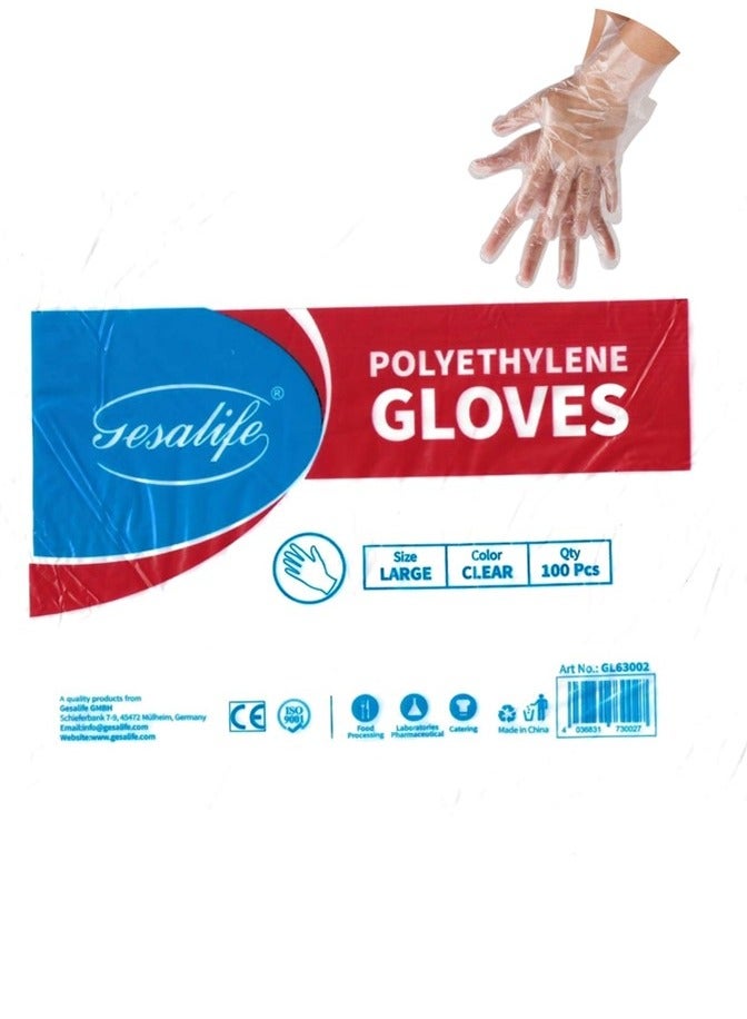 Gesalife 100 Piece Plastic Disposable Latex and Powder Free Clear Gloves - Image 1