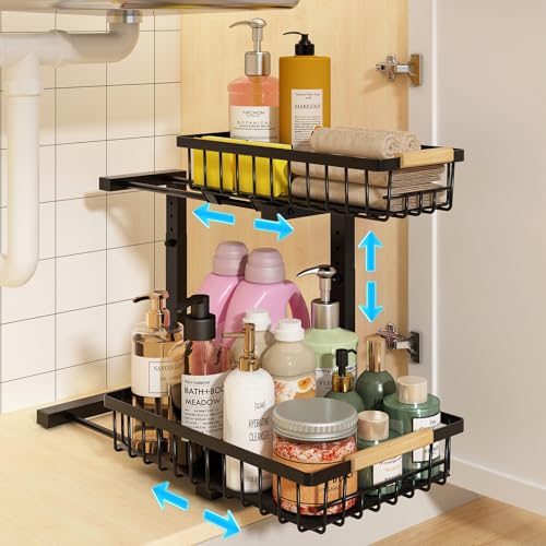 REALINN Under Sink Organizer Height Adjustable Under Sink Organizers and Storage 2 Tier Pull Out Drawer Cabinet Storage for Kitchen Bathroom 1 Pack