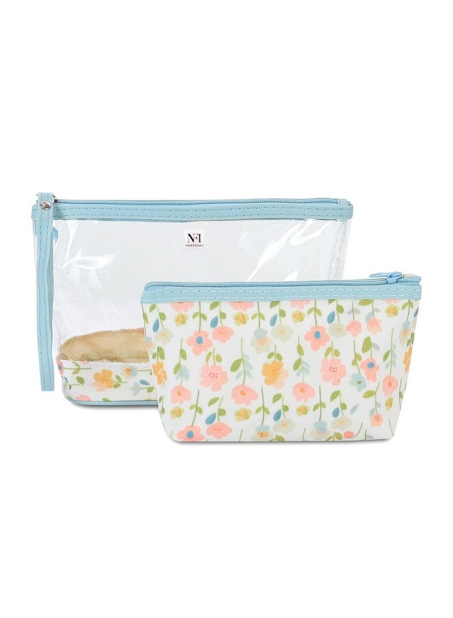 NFI essentials Set of 2 Flower Print Cosmetic Pouch Makeup Pouch Travel Organizer Toiletry Bag for Women Zippered Pouch Set with Handle, Large & Medium - Image 1