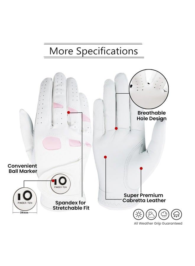 FINGER TEN Women's Leather Golf Glove with Ball Marker Extra Grip 1 Pack, Left Right Hand Pink Fit Woman Girl, Size Small Medium Large XL (Small, Left) - Image 2