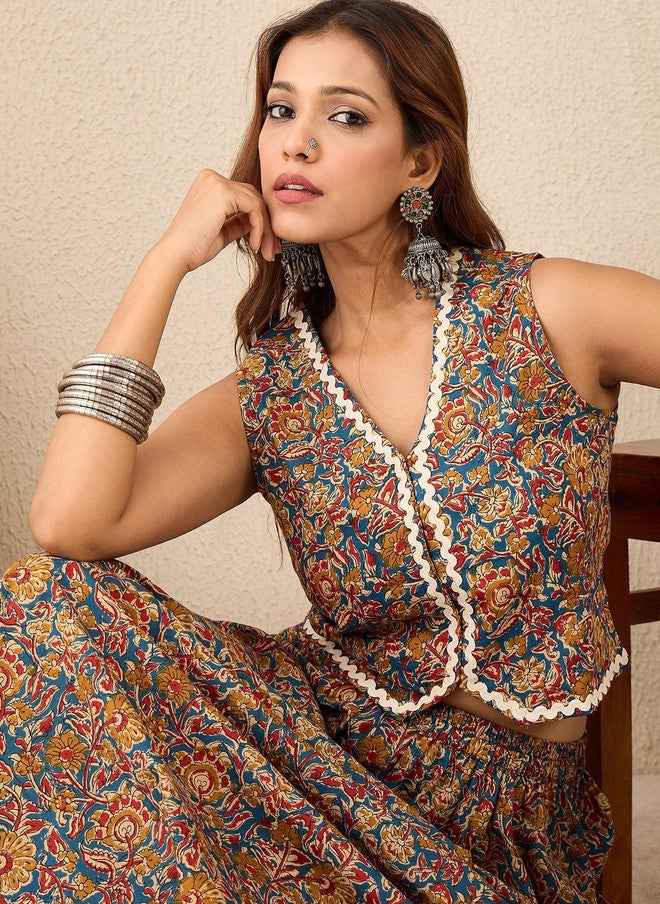 WineRed Wine Red Ethnic Motifs Printed Pure Cotton Waistcoat With Skirt - Image 5