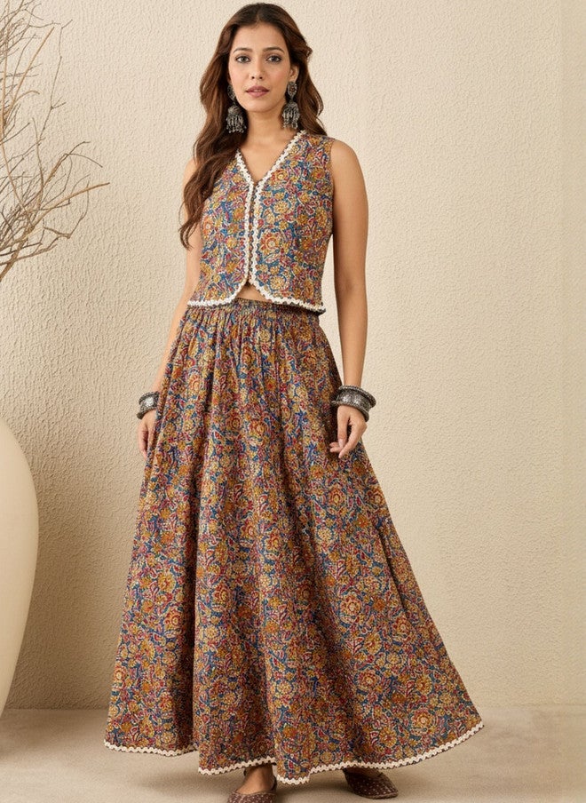 WineRed Wine Red Ethnic Motifs Printed Pure Cotton Waistcoat With Skirt - Image 1