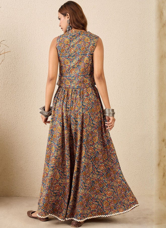 WineRed Wine Red Ethnic Motifs Printed Pure Cotton Waistcoat With Skirt - Image 2