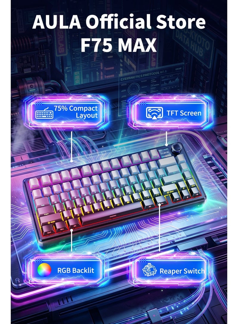 أولا لوحة المفاتيح الميكانيكية اللاسلكية ثلاثية الأوضاع AULA F75 MAX للألعاب، مزودة بشاشة TFT ومقبض تحكم، قابلة للتبديل السريع (Hot-swappable)، تدعم 2.4GHz / Type-C / Bluetooth 5.0، بتصميم Gasket وإحساس كريمي، مع مفاتيح Reaper، مناسبة للكمبيوتر الشخصي / Mac / المكتب / الألعاب (أسود متدرج). - Image 1