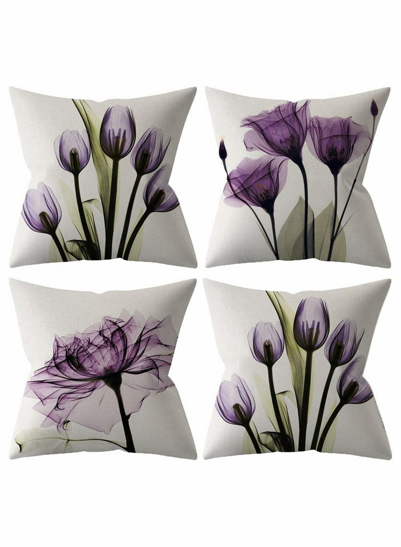 Excefore Throw Pillow Covers Set of 4 Purple Flower Cushion Covers 18x18 inch Boho Linen Square Throw Pillow Cover for Living Room Sofa Couch Bed Pillowcase 45cm x 45cm - Image 1
