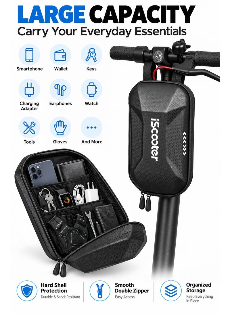 Electric Scooter Handlebar Storage Bag, Hard Shell Front Carry Case with Double Zipper & Secure Straps, Compact Organizer for Phone, Wallet, Keys, Charger, Tools & Daily Riding Accessories - Image 5
