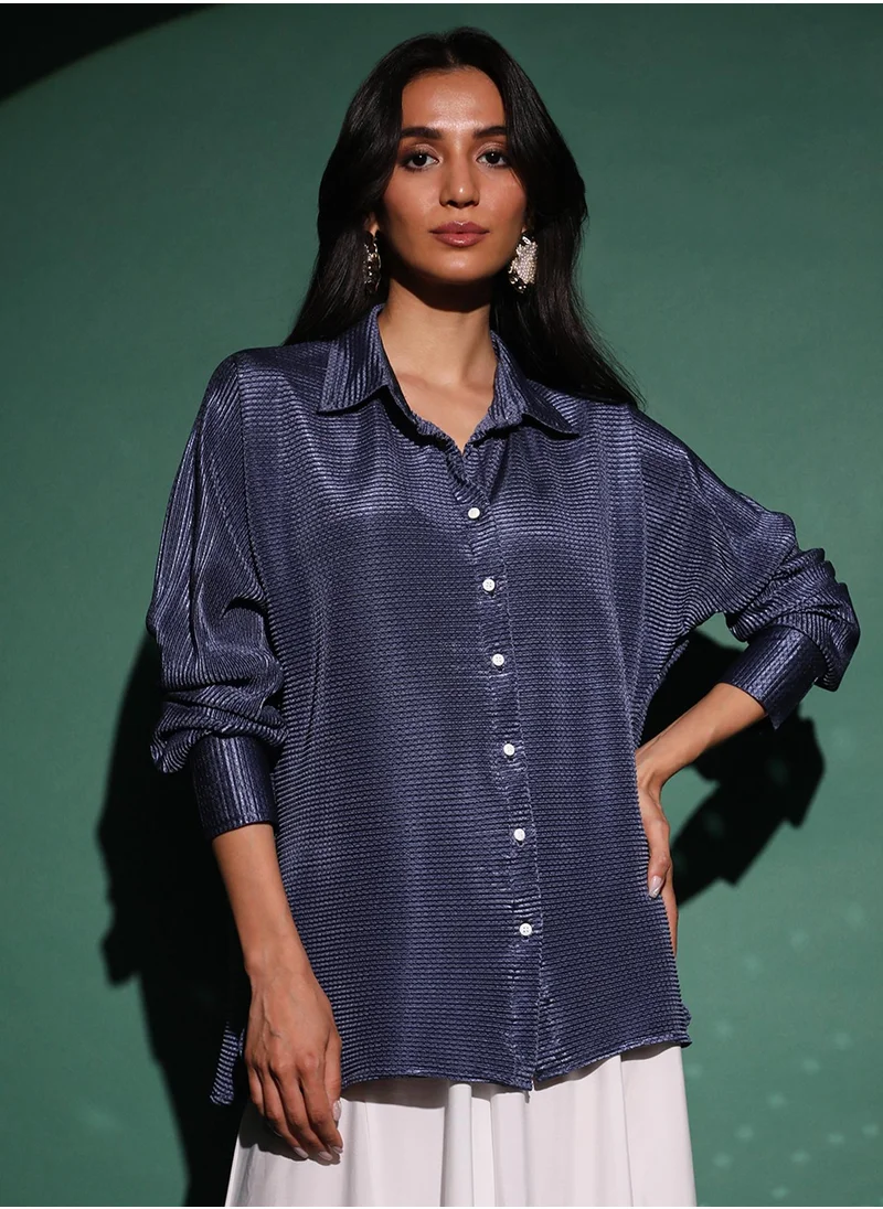 PINACOLADA Women's Navy Blue Textured-Pleat Shirt