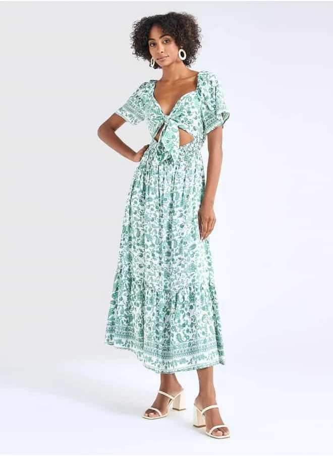 FAV Floral Print Maxi Dress with Sweetheart Neck and Cutout Detail