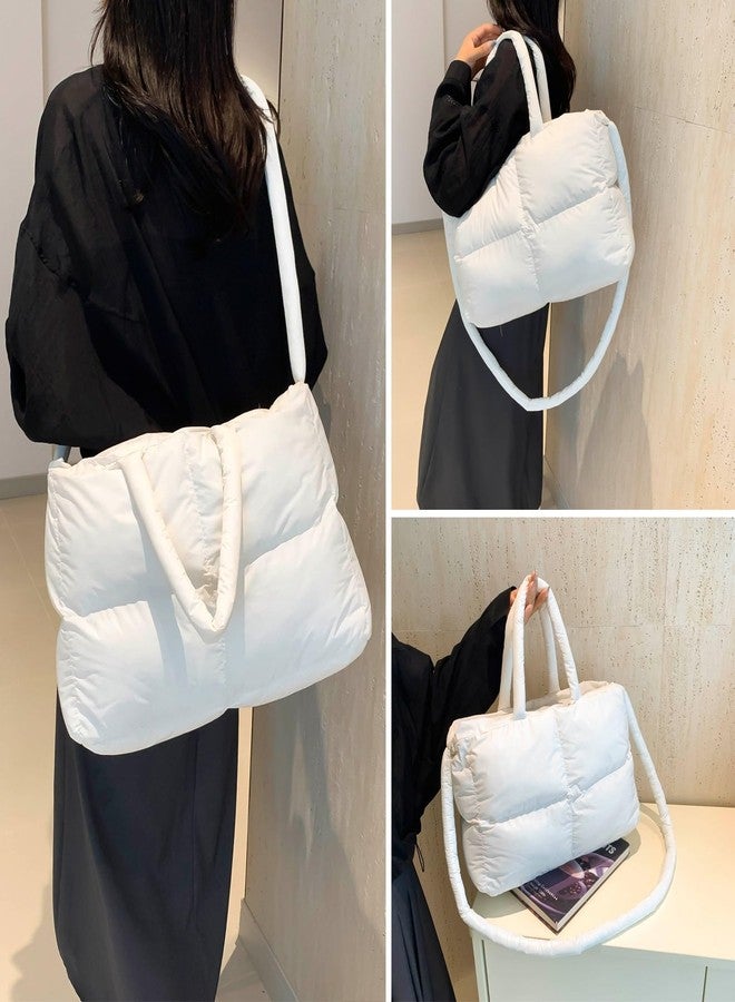 KARRESLY Puffer Shoulder Bag for Women Quilted Tote Bag Large Lightweight Padded Hobo Handbag with Zipper Puffy Purse(White) - Image 2