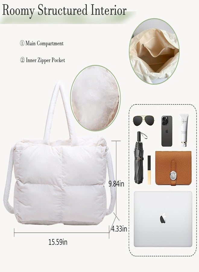 KARRESLY Puffer Shoulder Bag for Women Quilted Tote Bag Large Lightweight Padded Hobo Handbag with Zipper Puffy Purse(White) - Image 3