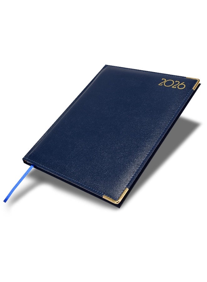 FIS مفكرة تنفيذية 2026، حجم 210x260 مم، غلاف فينيل مبطن ومخيط من جانب واحد، تنسيق أسبوعي، زوايا ذهبية، إنجليزي/فرنسي، ورق أبيض 70 جرام، غلاف أزرق - FSDI35E26BL - Image 1