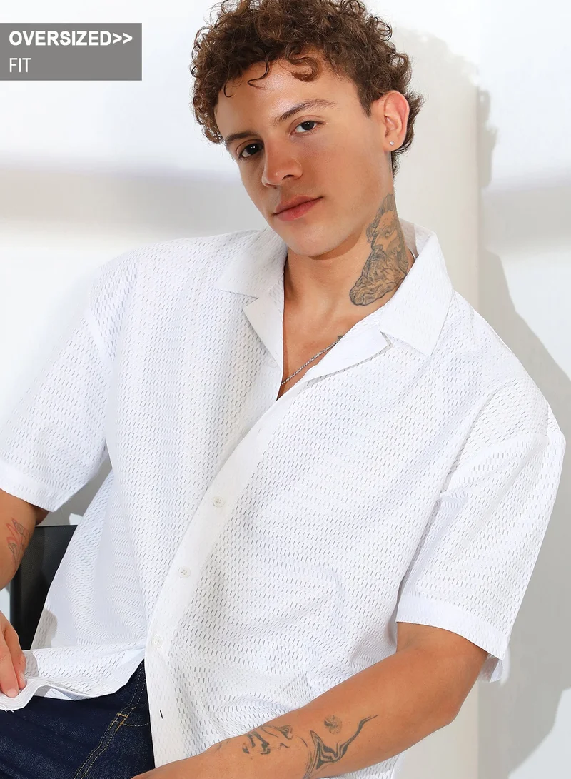 Campus Sutra Men's Chalk White Oversized Honeycomb Shirt