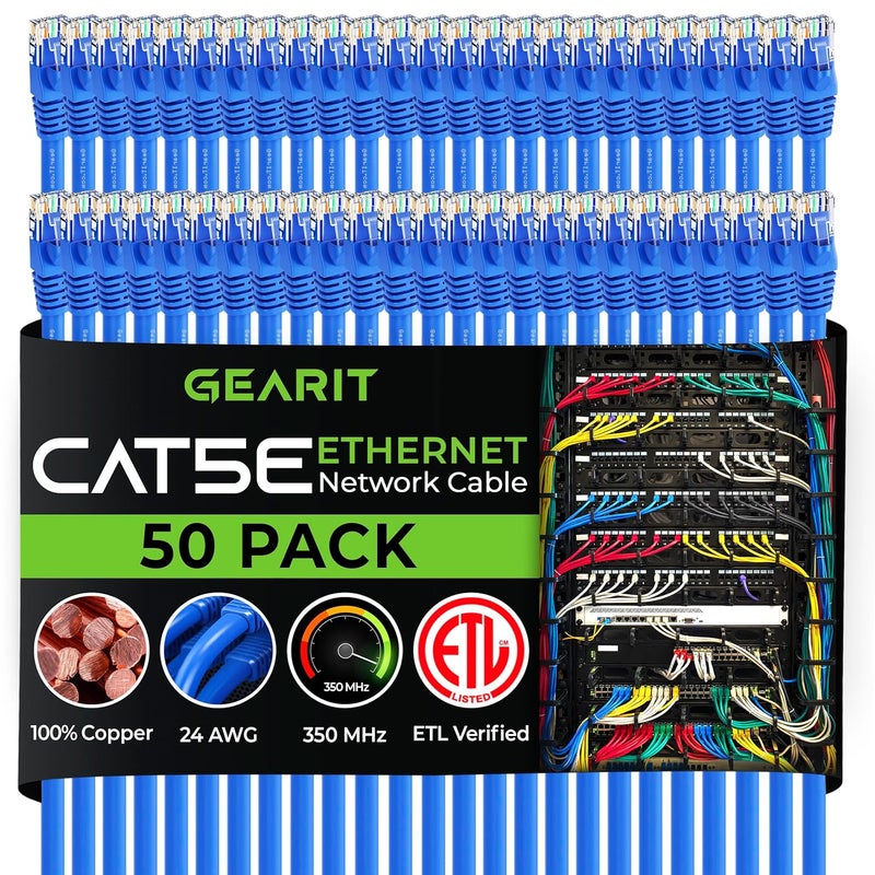 GearIT 50-Pack, Cat5e Ethernet Patch Cable 3 Feet - Snagless RJ45 Computer LAN Network Cord, Blue - Compatible with 48 Port Switch POE Rackmount 48port Gigabit - Image 1