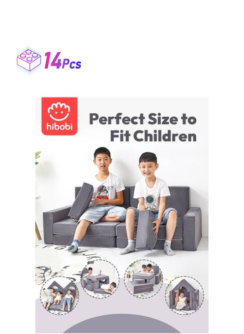 Kids' Building Block Magic Sofa - Compact Modular Couch with 14 Pieces for Creative Play and Fun, Soft and Safe, Versatile for Play and Relaxation