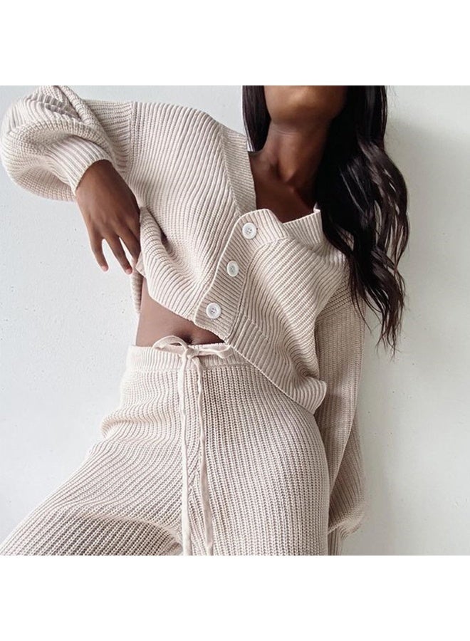 NIBEMINENT Autumn Leisure Fashion Women's Clothing Solid Color Cardigan Long Sleeve Sweater Long Pants Two-piece Set - Image 1