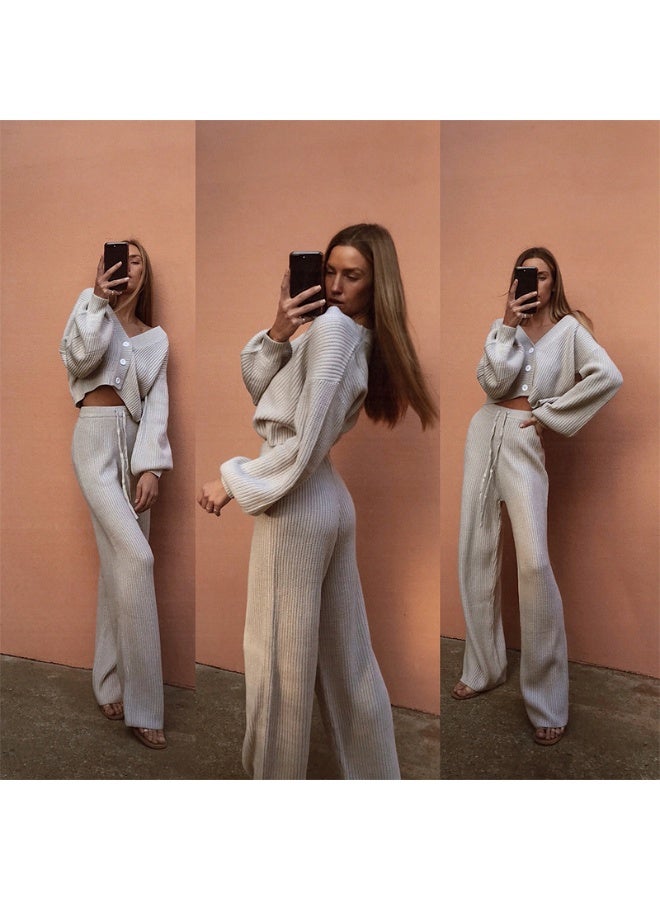 NIBEMINENT Autumn Leisure Fashion Women's Clothing Solid Color Cardigan Long Sleeve Sweater Long Pants Two-piece Set - Image 2