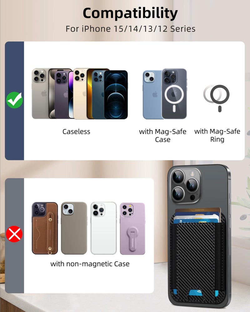 HiWe for MagSafe Wallet, Strongest Magnetic Wallet for iPhone 17/16/15/14/13/12 Series, 7 Cards Holder, Leather Minimalist Slim RFID, 1 Slot, Carbon Fiber Black - Image 5
