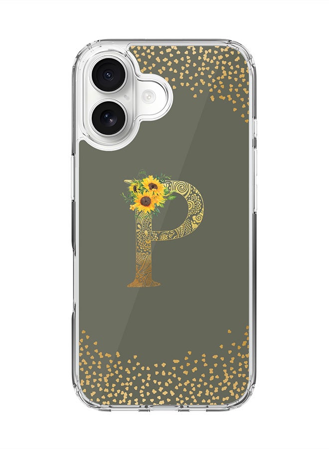 Stylizedd Classic Clear MagSafe Case for iPhone 17 , Hybrid Soft Case Flexible Edges Anti Drop TPU PC Gel Thin Transparent Cover [ Designed for iPhone 17 ] - Custom Monogram Initial Letter Floral Pattern Alphabet - P  (Olive Green )