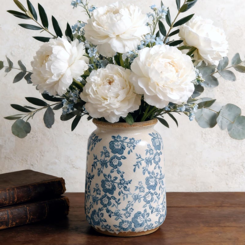 Ronasip Vintage Blue and White Chinoiserie Ceramic Vase, 6.9” Hand-Painted Peony Floral Design, Antique Style Vases for Home Decor, Centerpieces, Living Room, Balcony - Image 1