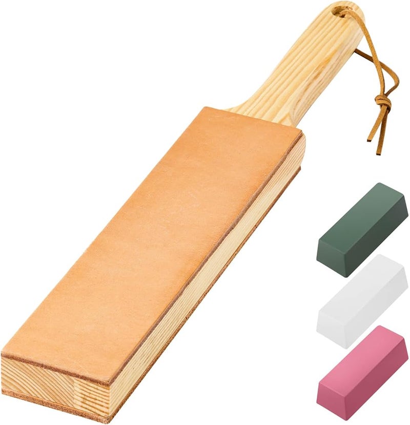 ANGERSTONE Double Side Leather Strop for Knife Sharpening - 14"x 2" Stropping Block Kit with Polishing Compound, Knife Strop with Ergonomic Handle for Honing Knives, Woodworking Chisels - Image 1