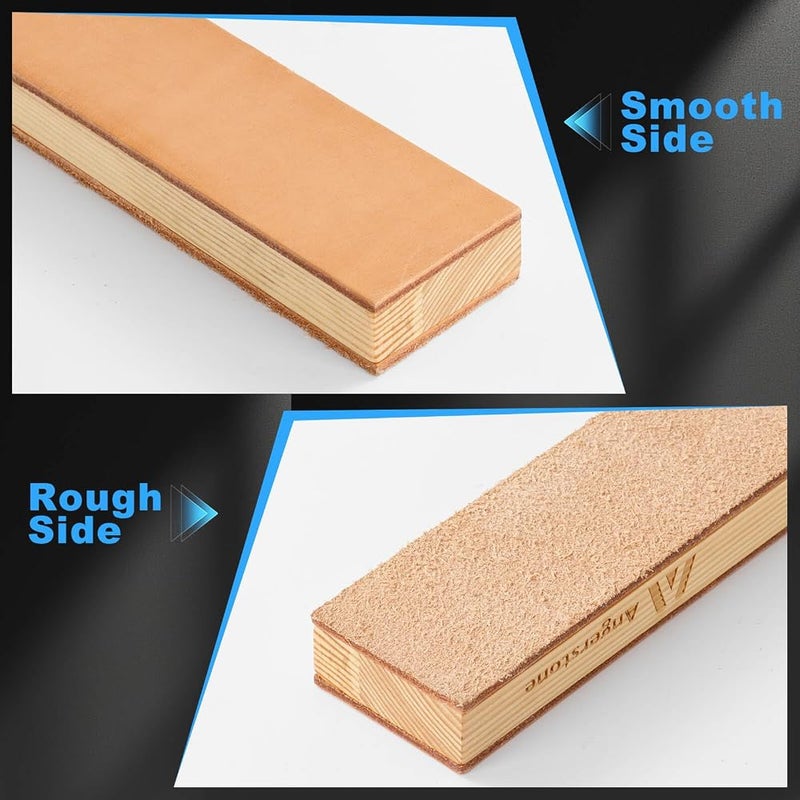 ANGERSTONE Double Side Leather Strop for Knife Sharpening - 14"x 2" Stropping Block Kit with Polishing Compound, Knife Strop with Ergonomic Handle for Honing Knives, Woodworking Chisels - Image 3