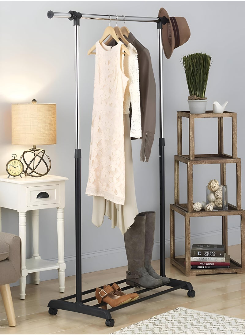 Generic Rolling Hanger Stand - Versatile Adjustable Clothes Rack Made From Sturdy Stainless Steel With Telescopic Design And Easy-Glide Wheels For Mobility  - Image 1