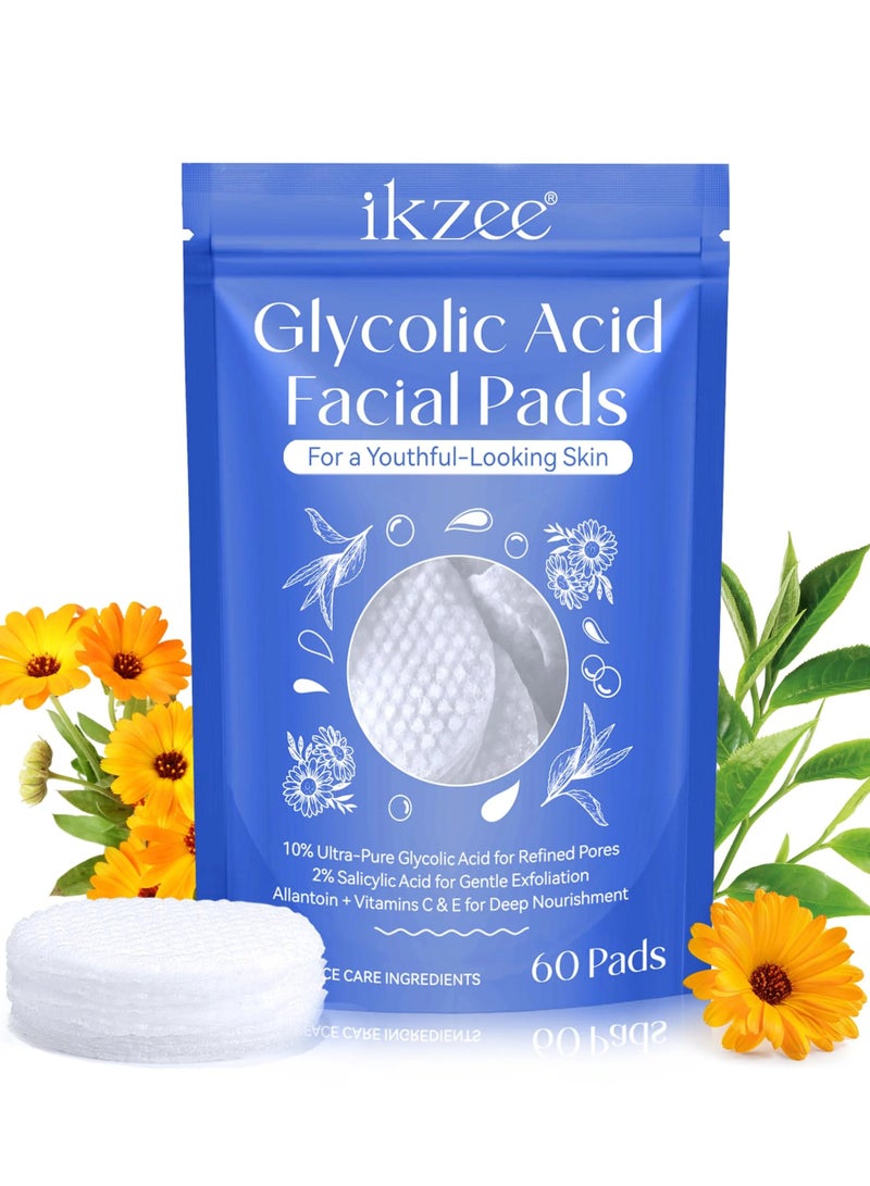 IKZEE 60Pcs Glycolic Acid Facial Pads 10% Glycolic Acid for Refined Pores and 2% Salicylic acid for Exfoliation Reduce Wrinkles Dead Skin Dark Spot Exfoliates Fade Acne Scars Deep Nourishment Cleansing Pads  - Image 1