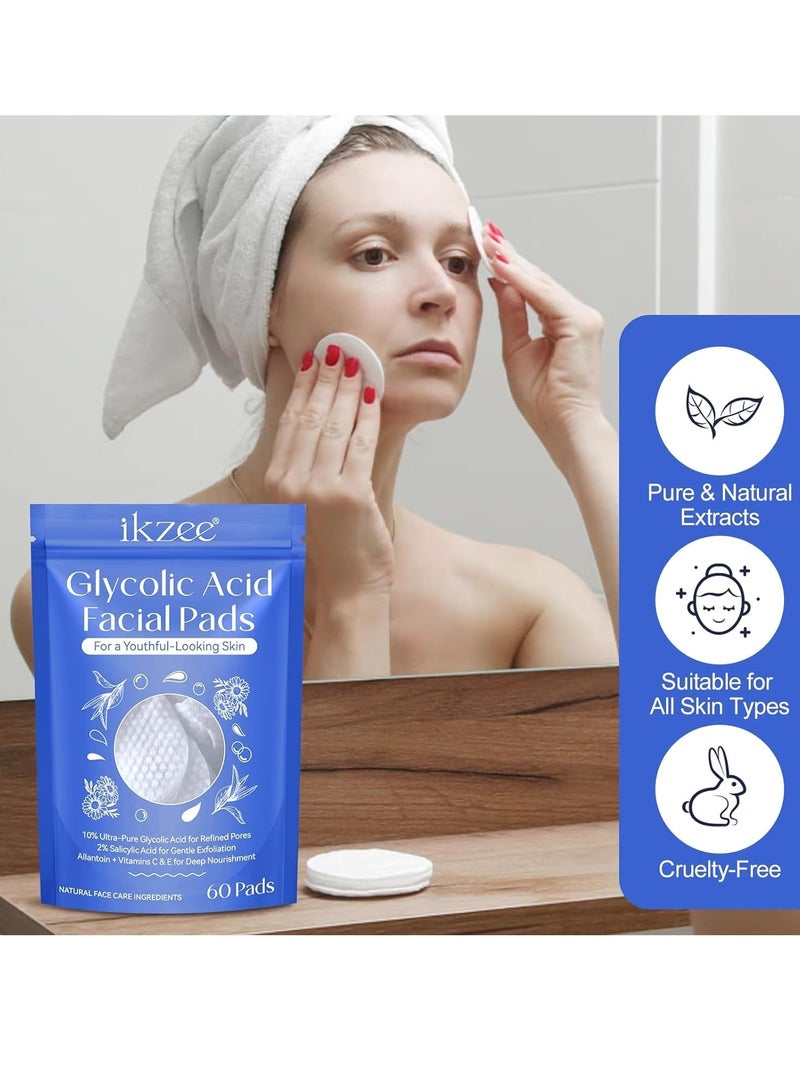 IKZEE 60Pcs Glycolic Acid Facial Pads 10% Glycolic Acid for Refined Pores and 2% Salicylic acid for Exfoliation Reduce Wrinkles Dead Skin Dark Spot Exfoliates Fade Acne Scars Deep Nourishment Cleansing Pads  - Image 3