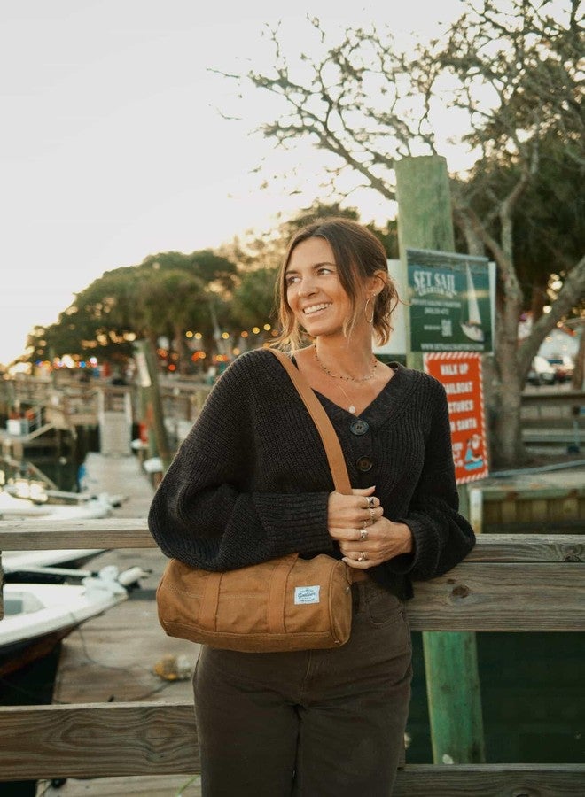 GOOTIUM Compact Crossbody Bag - Canvas Shoulder Bag & Travel Organizer - Vintage Cylinder Style Mini Tote, Small Barrel Bag, Camel, Small, Barrel Style Crossbody Bag - Image 4