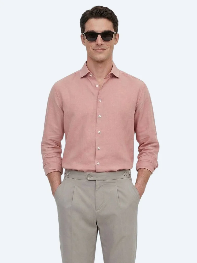 Kip Dusty Rose Color Plain Regular Fit Long Weaving Casual Cotton Blended Shirt