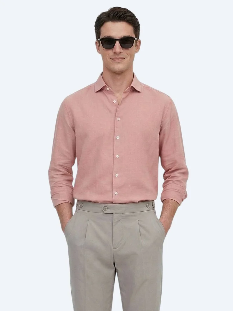 Kip Dusty Rose Color Plain Regular Fit Long Weaving Casual Cotton Blended Shirt