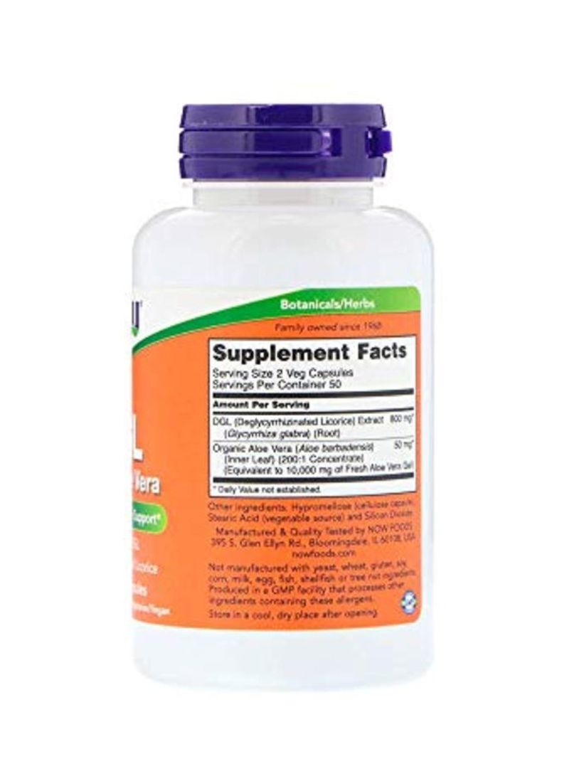 Now Foods DGL With Aloe Vera Dietary Supplement 400mg - 100 Capsules - Image 2