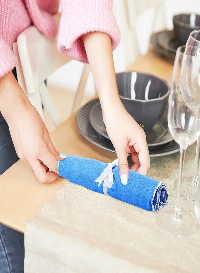 Saintrygo 6 Pieces Silver Storage Bags Anti Tarnish Silver Protector Bags Blue Holder for Silverware Flatware Storage Organizer Cloth Place Setting Roll with White Ribbon for Kitchen Utensils - Image 4