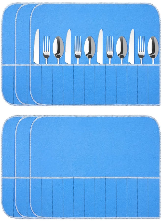 Saintrygo 6 Pieces Silver Storage Bags Anti Tarnish Silver Protector Bags Blue Holder for Silverware Flatware Storage Organizer Cloth Place Setting Roll with White Ribbon for Kitchen Utensils - Image 1