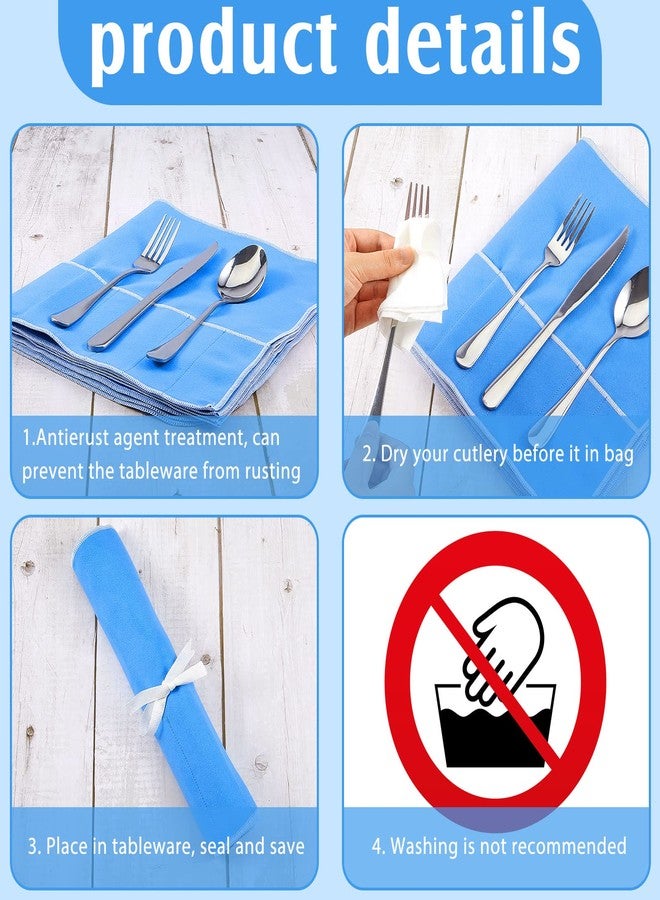 Saintrygo 6 Pieces Silver Storage Bags Anti Tarnish Silver Protector Bags Blue Holder for Silverware Flatware Storage Organizer Cloth Place Setting Roll with White Ribbon for Kitchen Utensils - Image 3