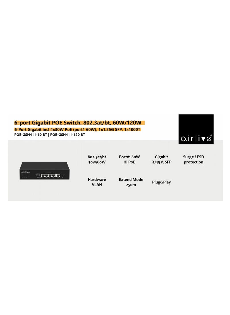 airlive - POE-GSH411-120BT: 6-port Gigabit POE Switch, 802.3at-bt, 120W - Image 1
