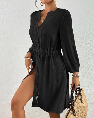 Bsubseach Swimsuit Coverup for Women V Neck Bathing Suit Cover Up with Pocket Drawstring Button Down Beach Shirt Dresses Black S - Image 3